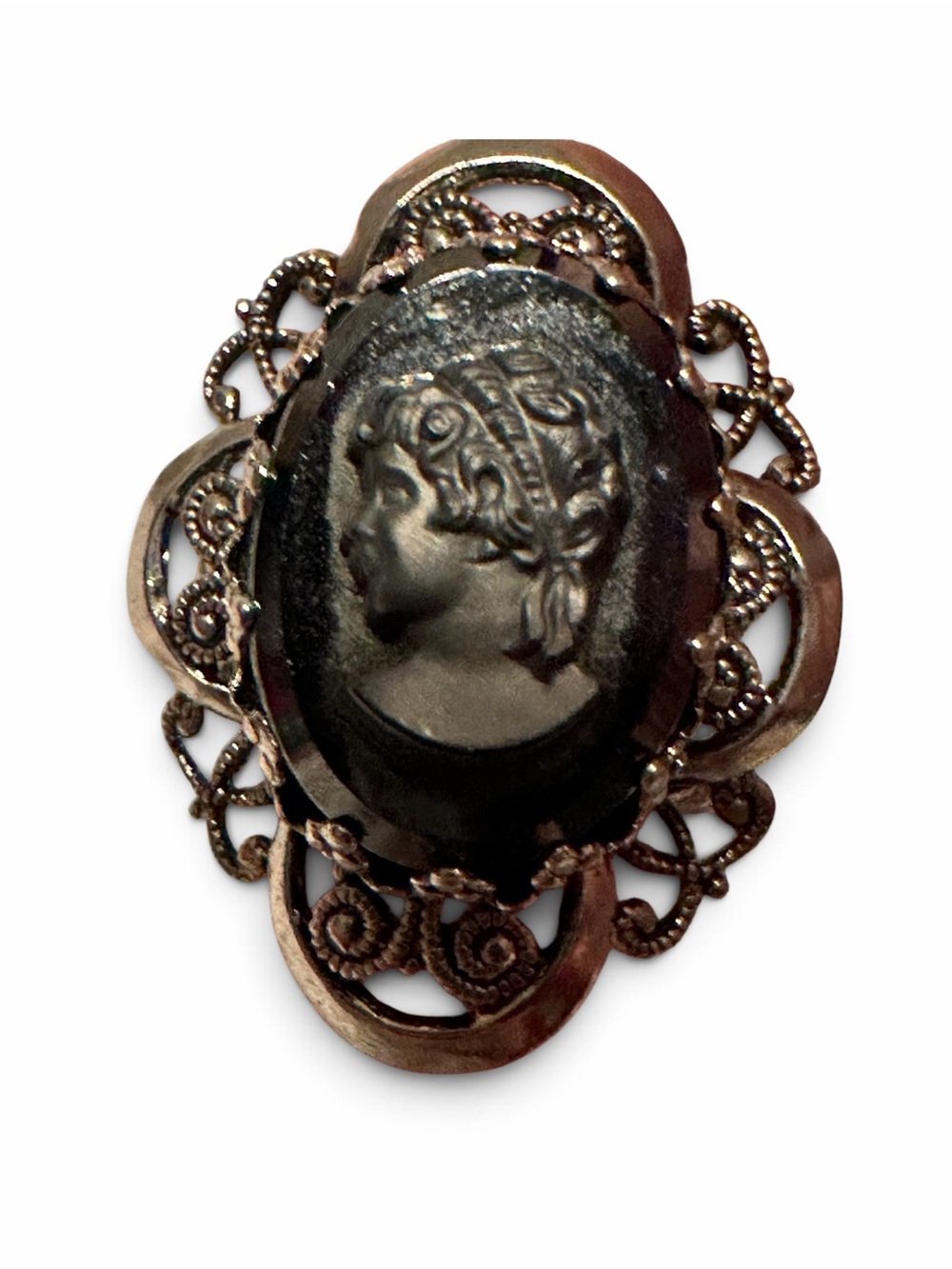 Vintage 1950s Black Glass Cameo Filigree Adjustable Statement Ring